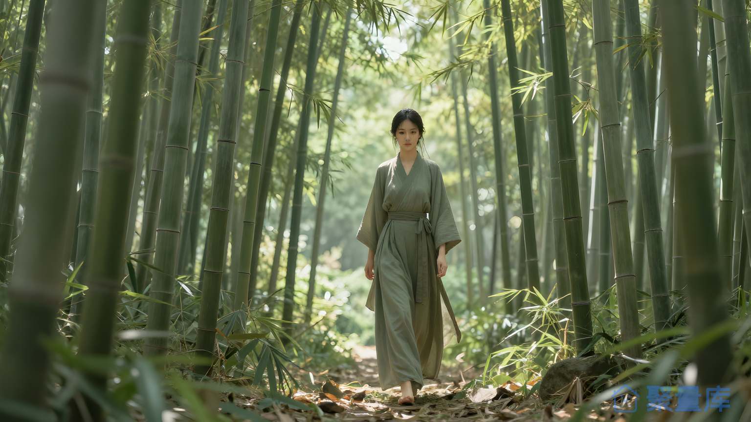 女性在竹林前进 女性