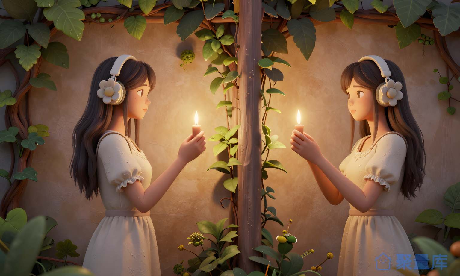 女孩在花园里燃灯