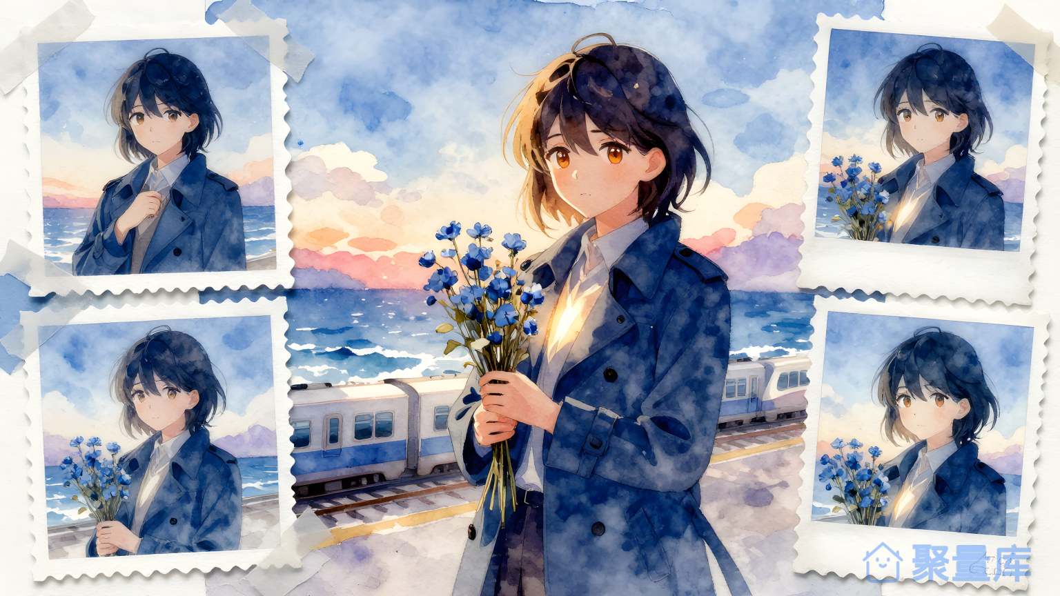 女孩在海边送花
