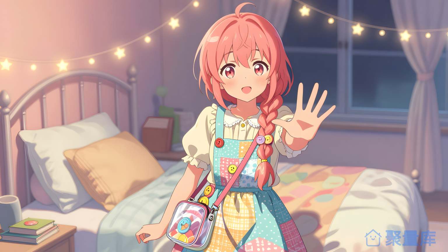 美少女在床上挥手