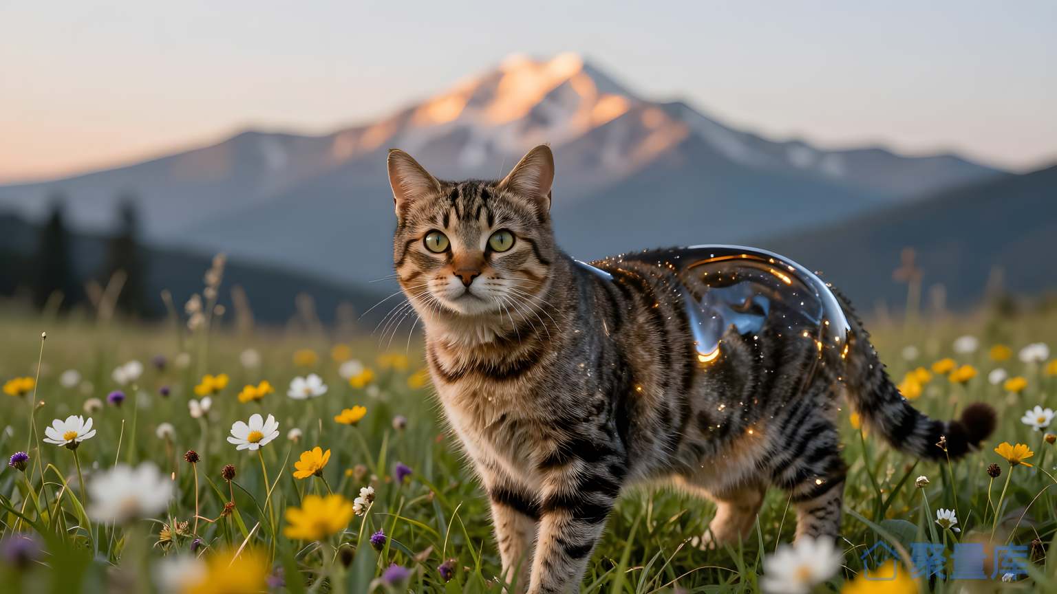 猫在草原前景山脸
