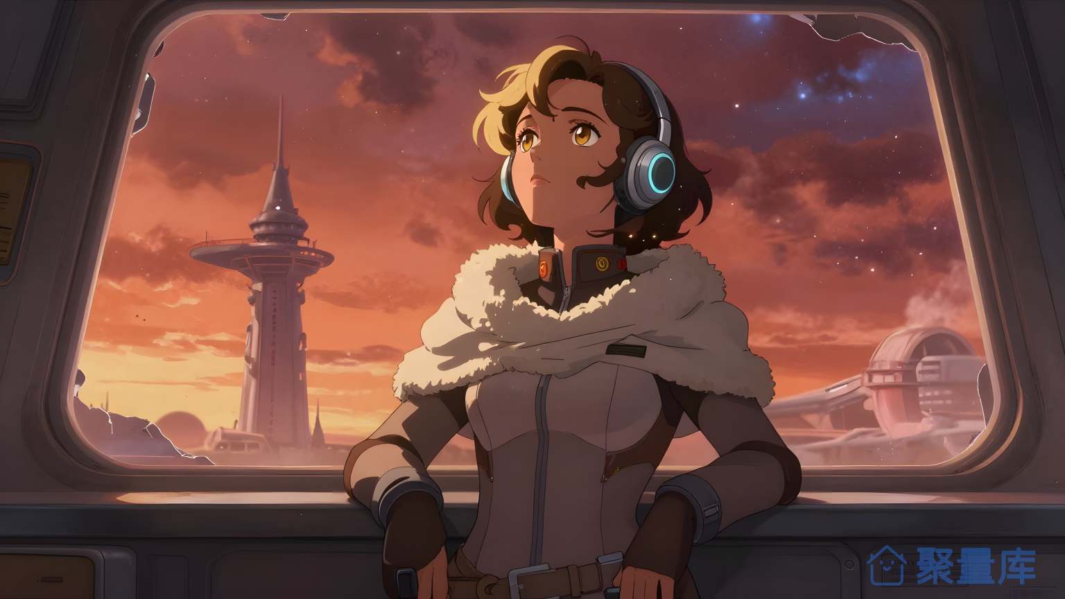 女性在飞船内部观察外星