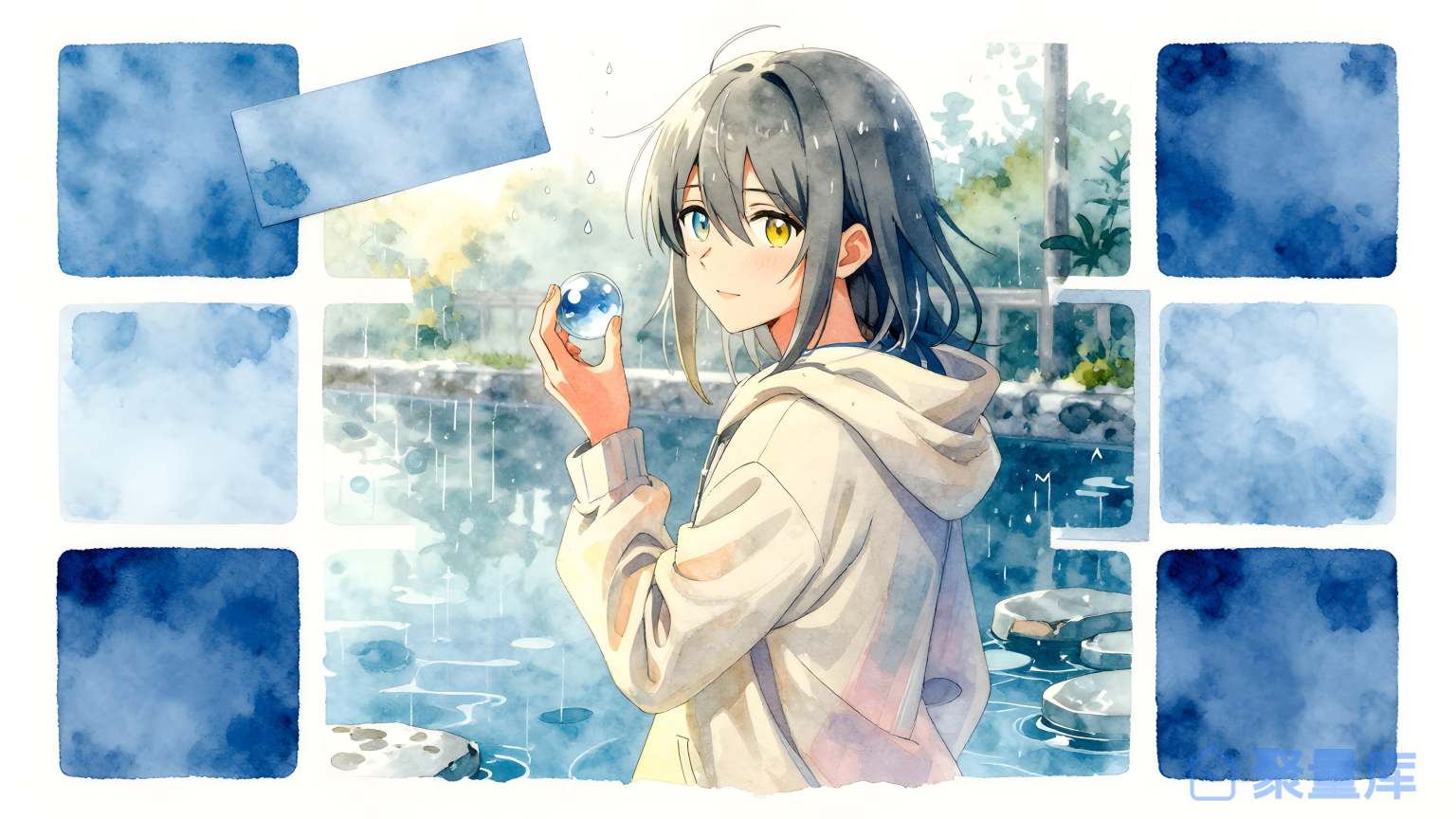 女孩在水边捧球