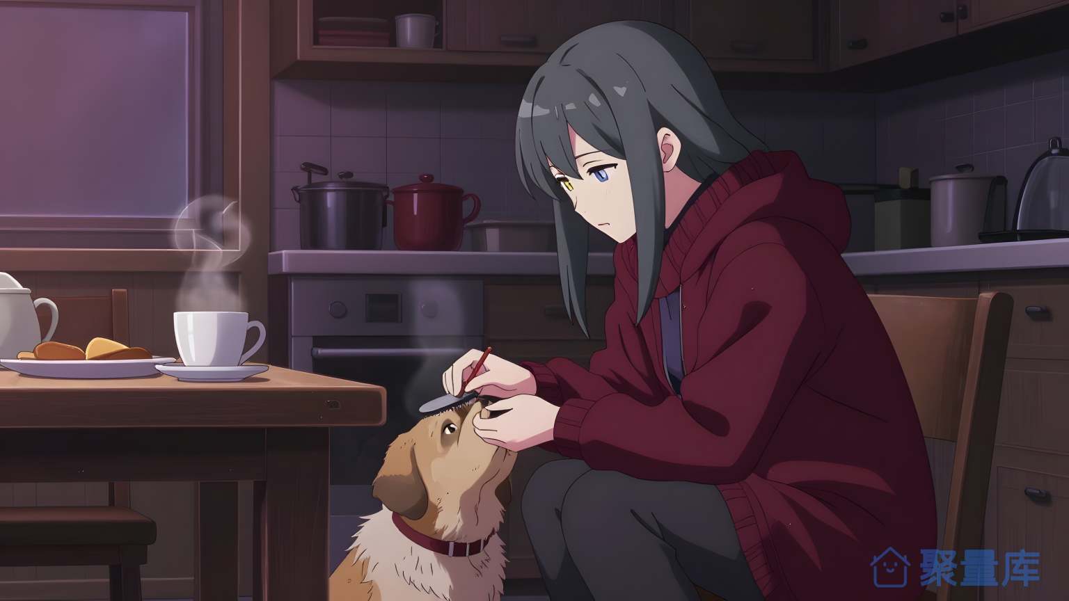 女孩在厨房里喂狗