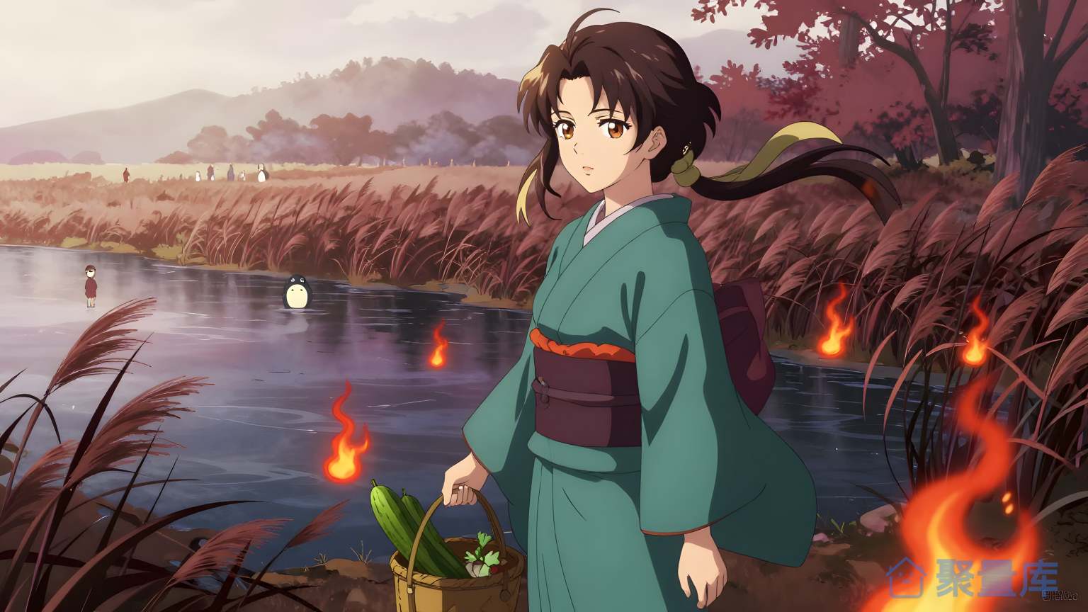 美女穿着日式服装在田野里