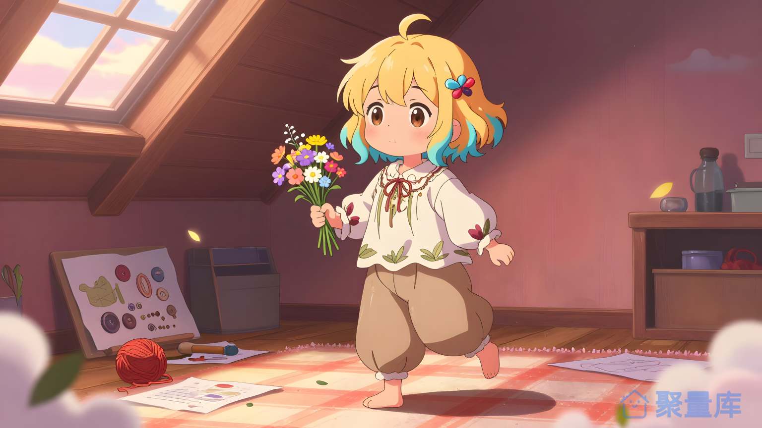 小女孩在房间里拿着花束