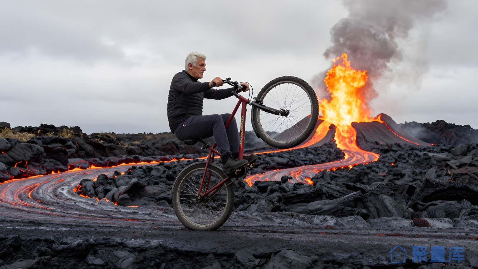 炎火山上的人和自行车
