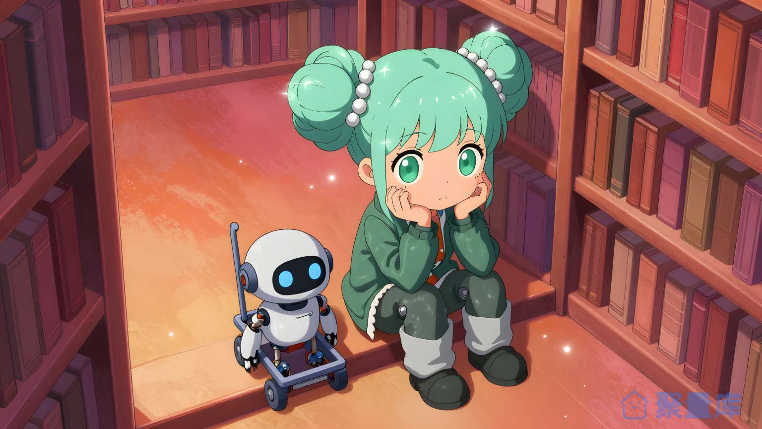 小女孩和机器人在书架前坐下来