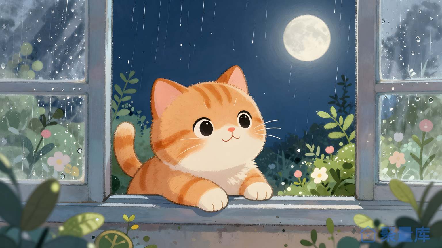 夜晚猫在窗口看月亮
