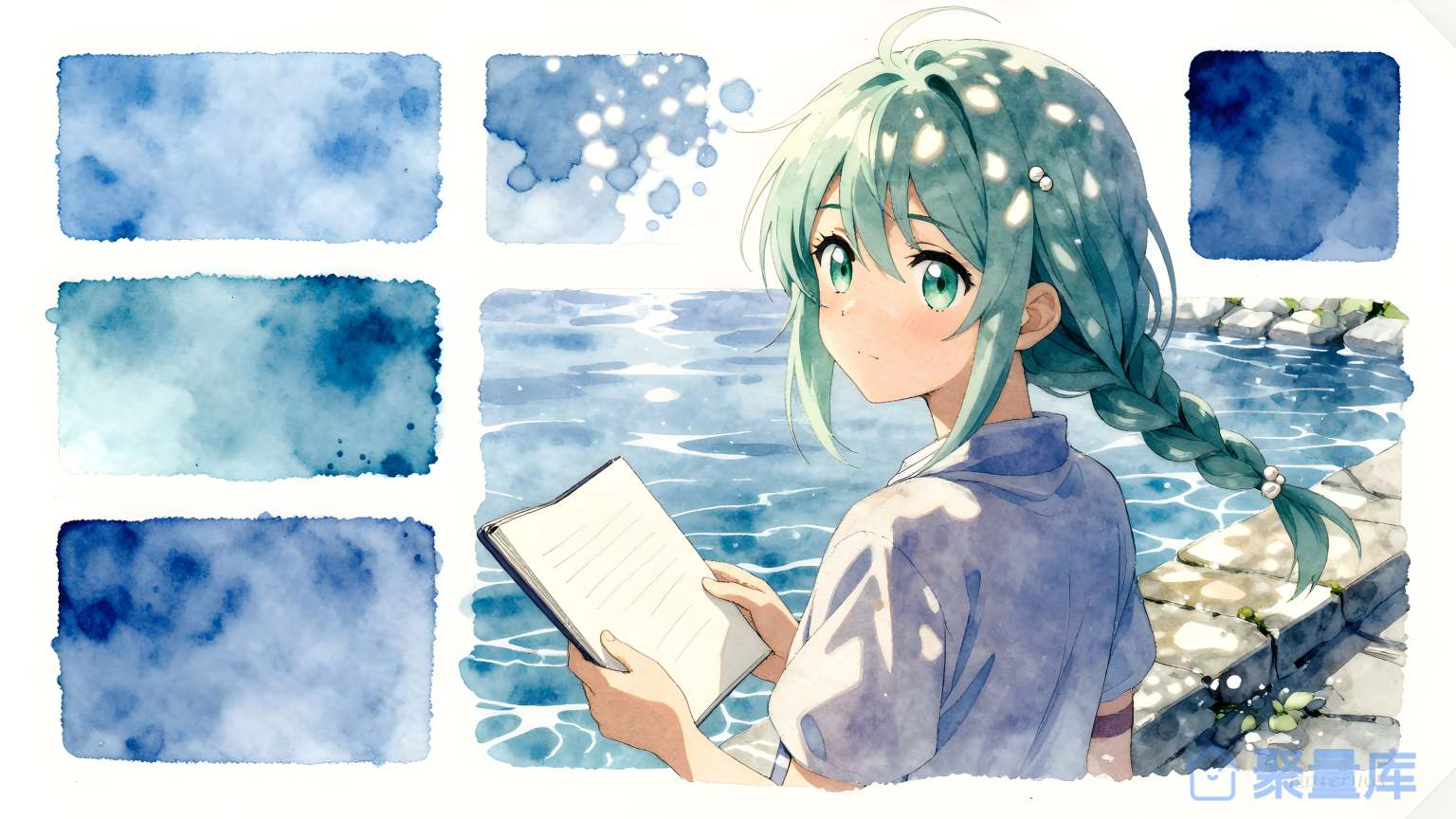 女孩在水边阅读书