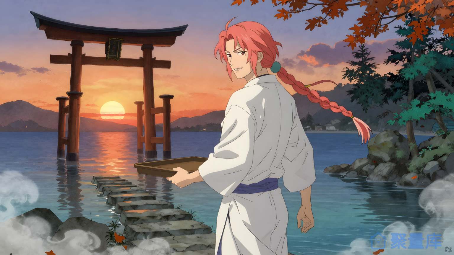日本武士在日本风景下