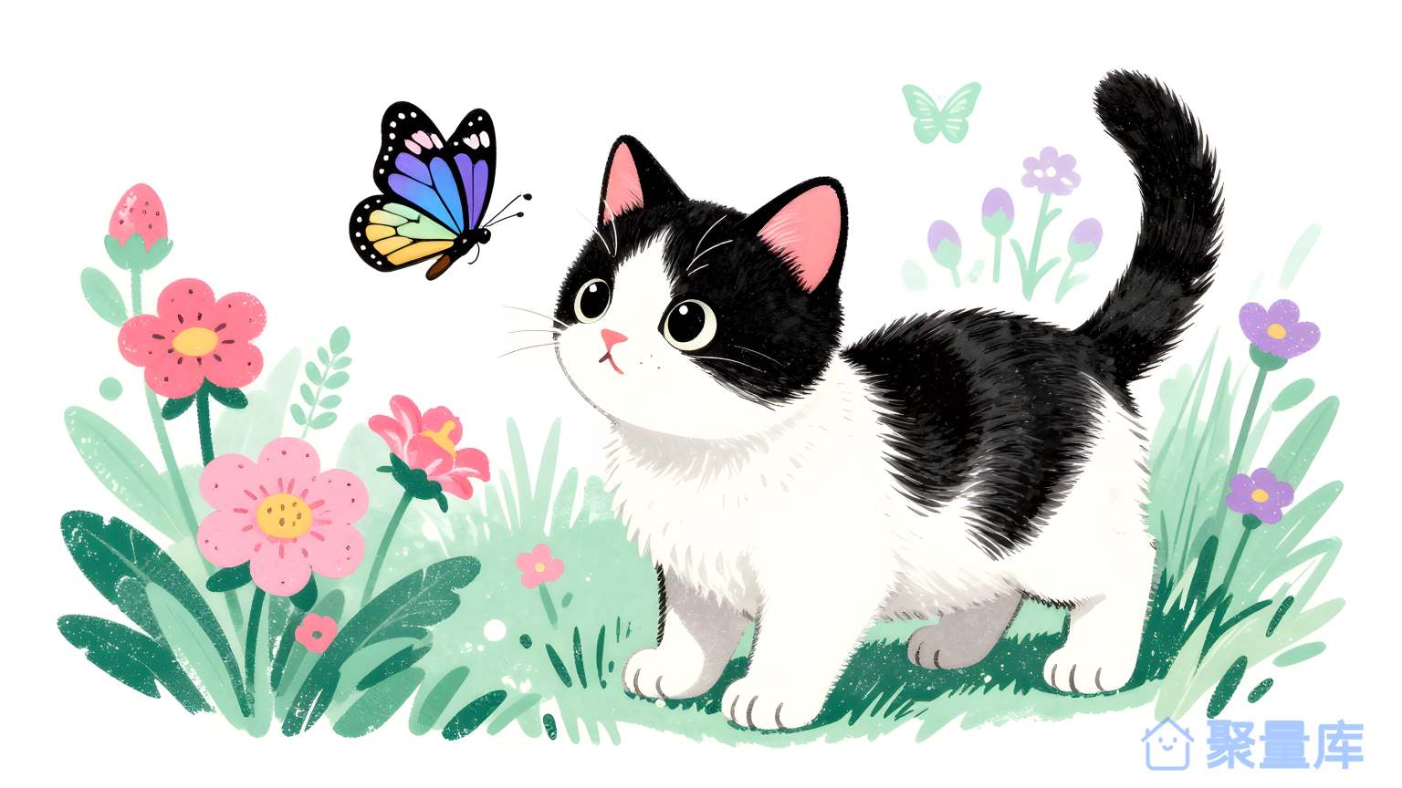 纯猫和蝶在花园里