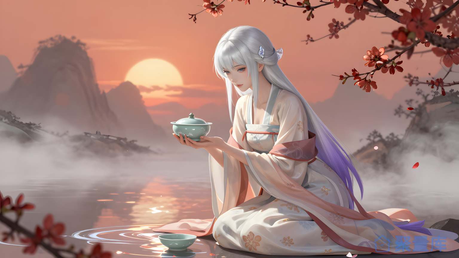 美女在水面上喝茶