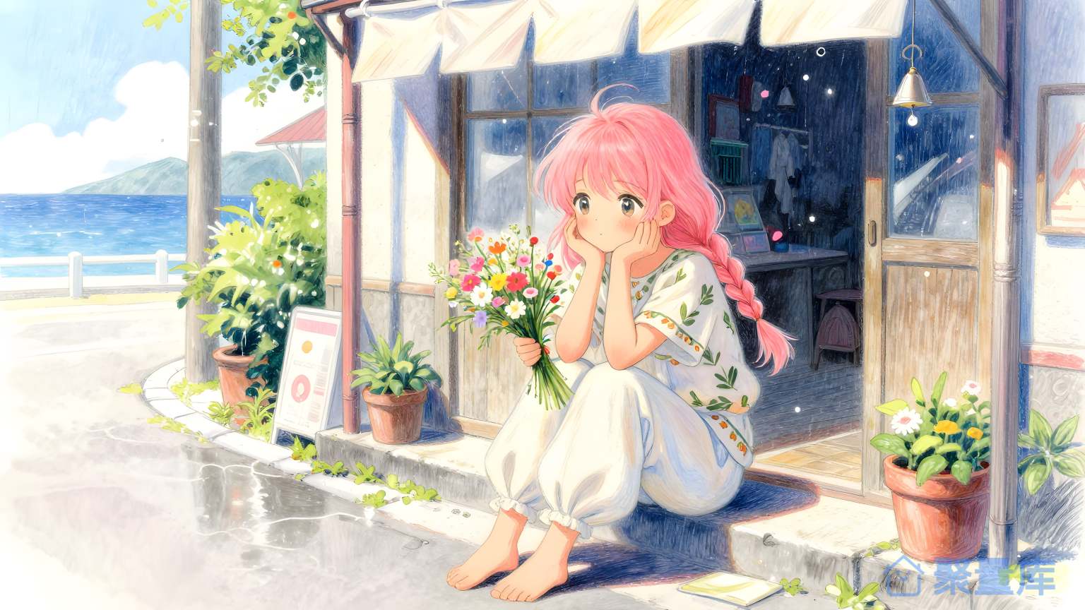 美女在海边小屋前坐下