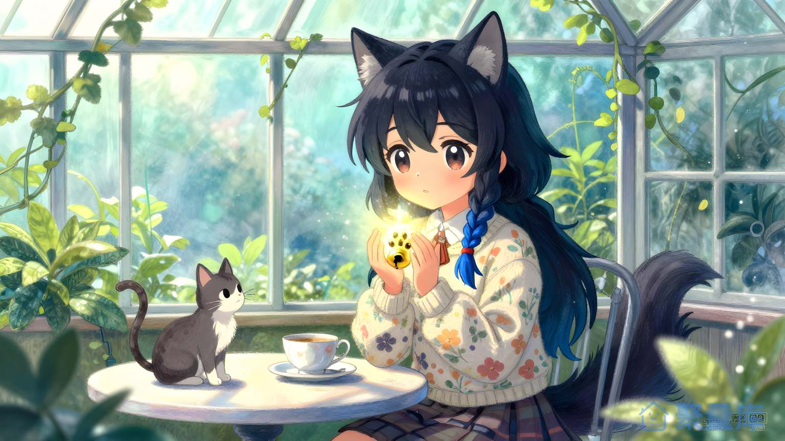 猫和女孩在花园里