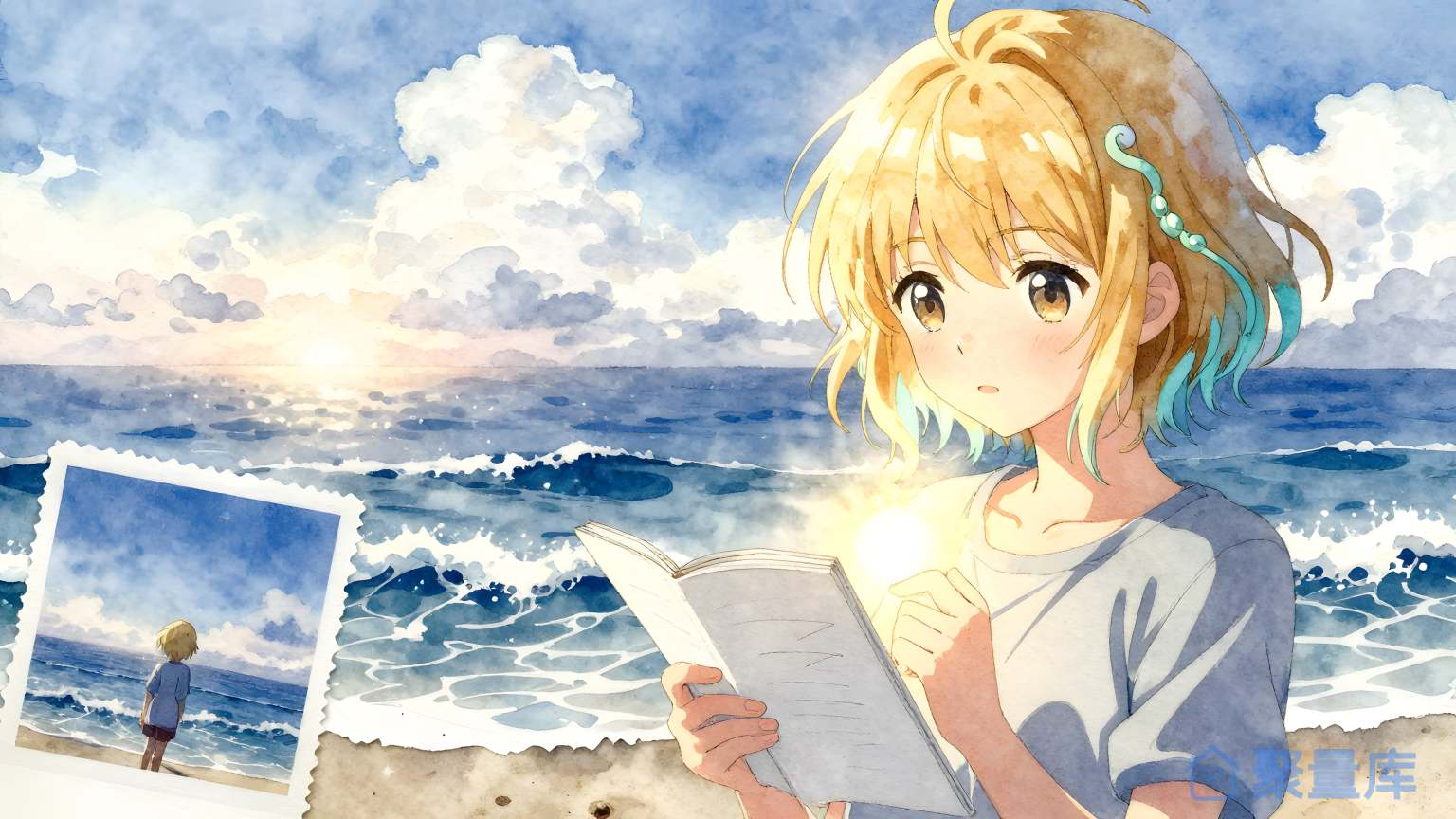 美女在海边阅读书