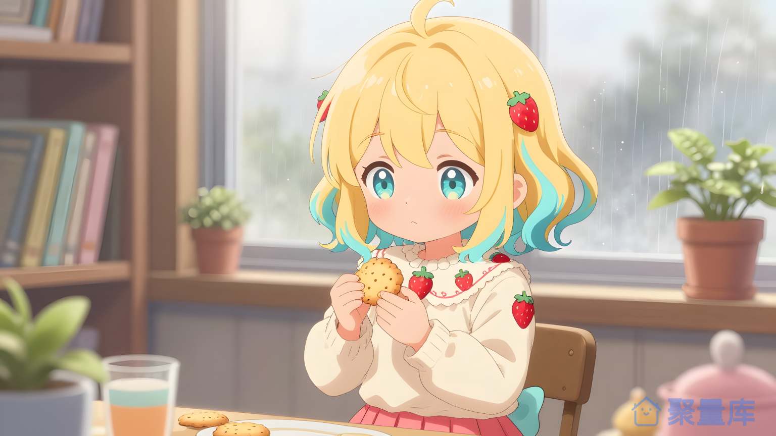 小女孩在书架前吃饼