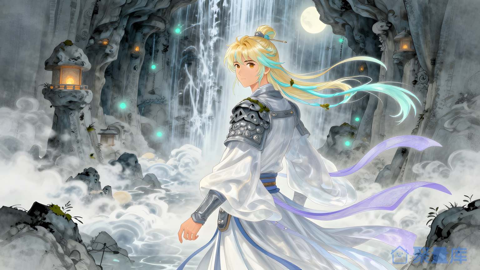 女战士在水前的壮丽场景动作