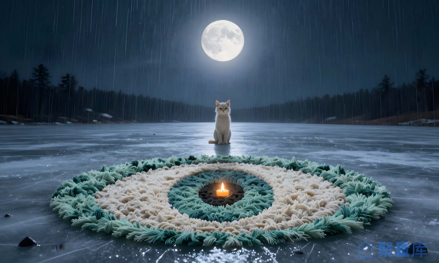 夜晚的猫在冰上