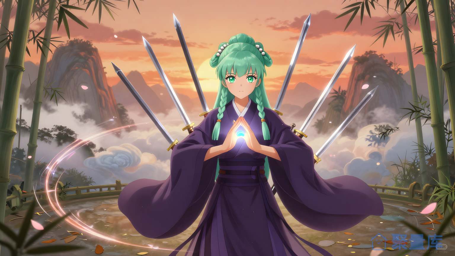 女武士在风景下展示自己的技能