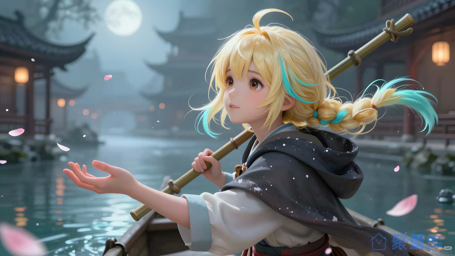女游戏角色在水上游泳