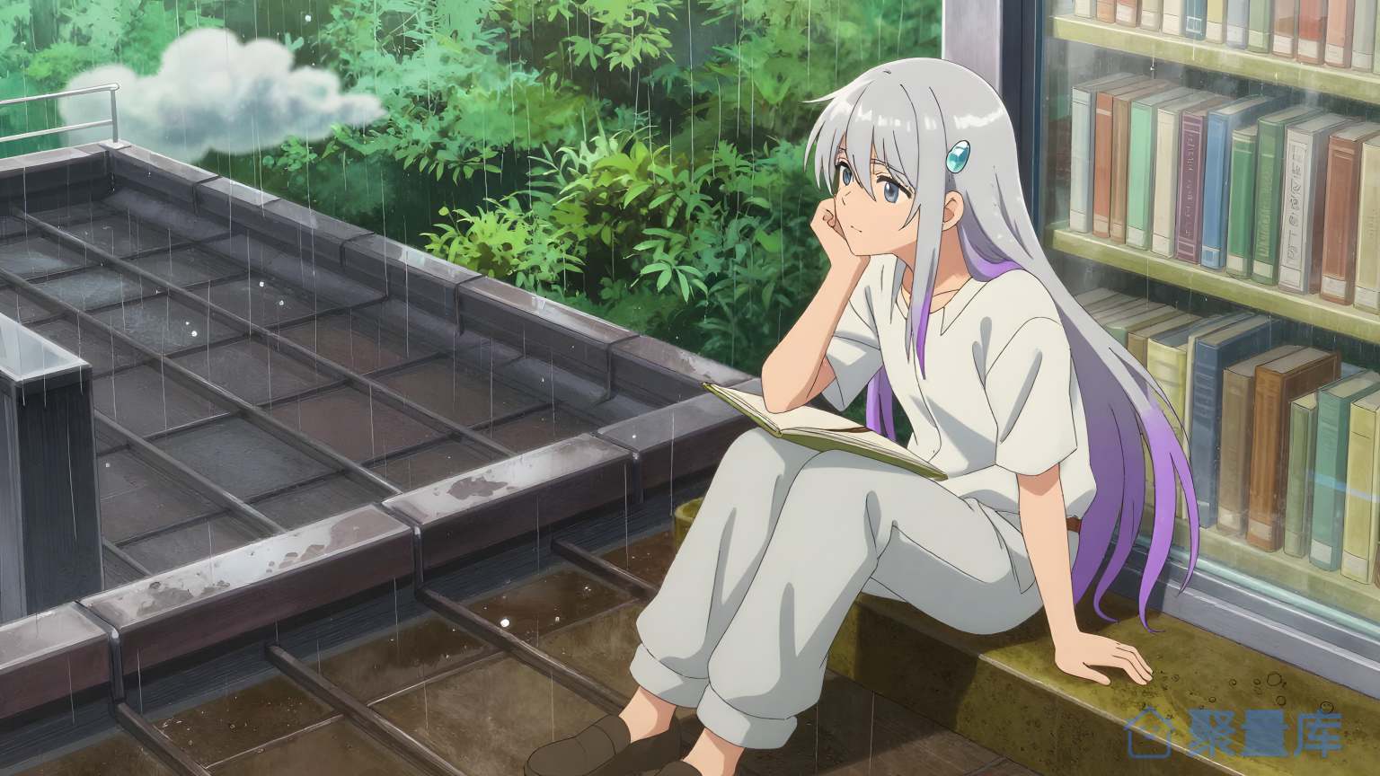 女孩在雨天坐下来看书