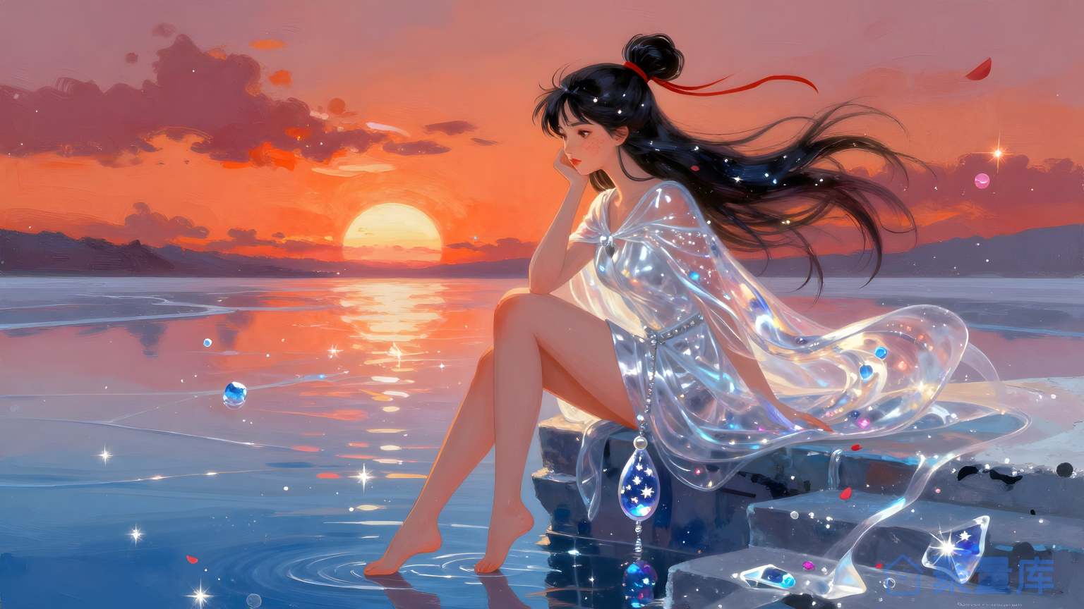 美女在水边坐下