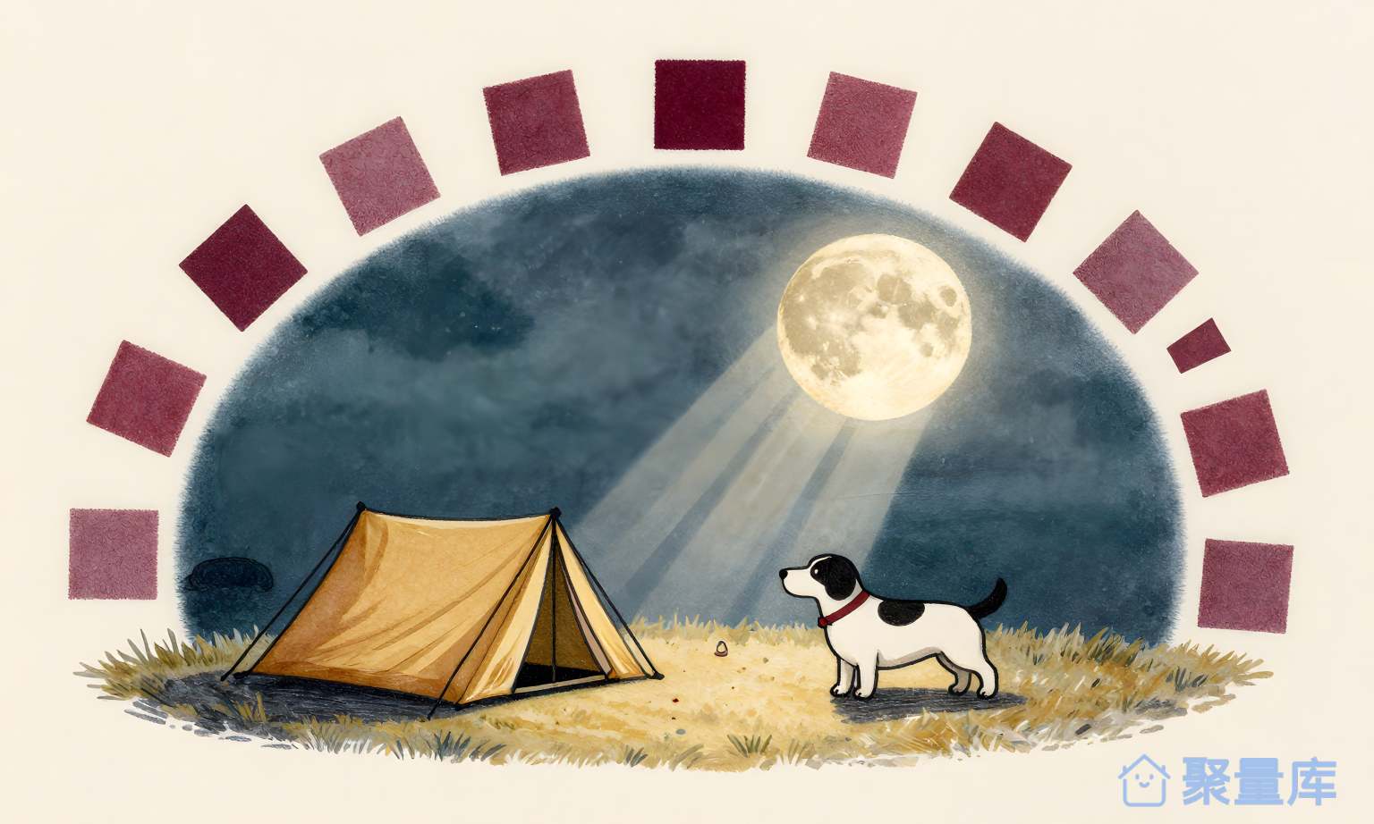 狗在露营前夕的月光下