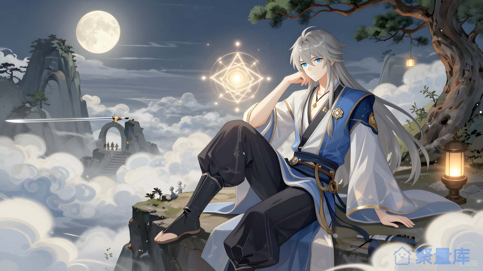 神秘的游戏角色在仙境中卧坐