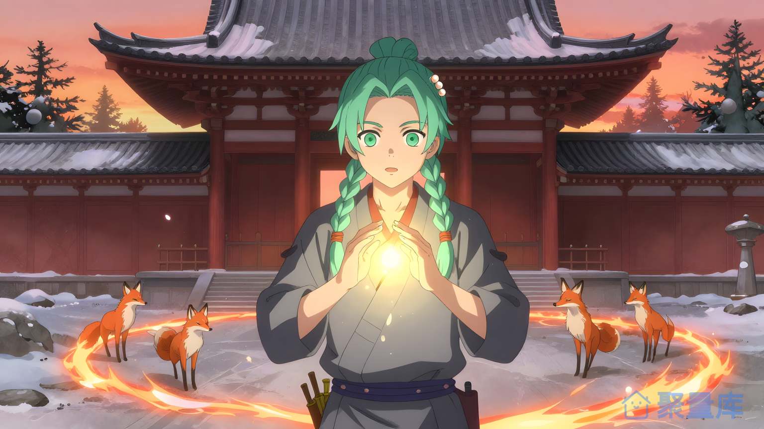 女性角色在日式风格的建筑前景