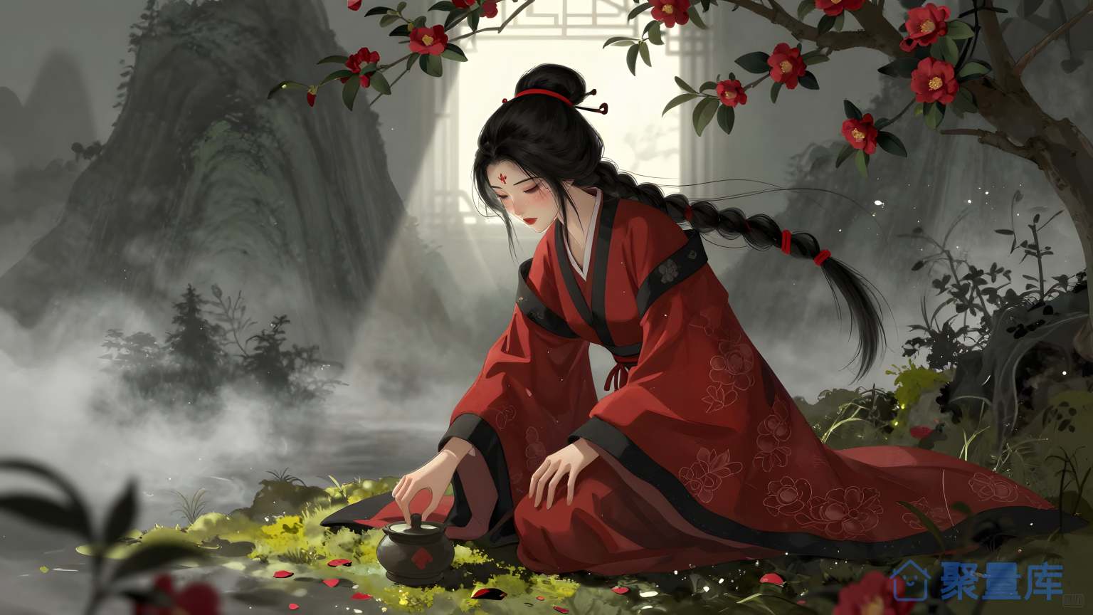 女性穿红服装坐在花坛前