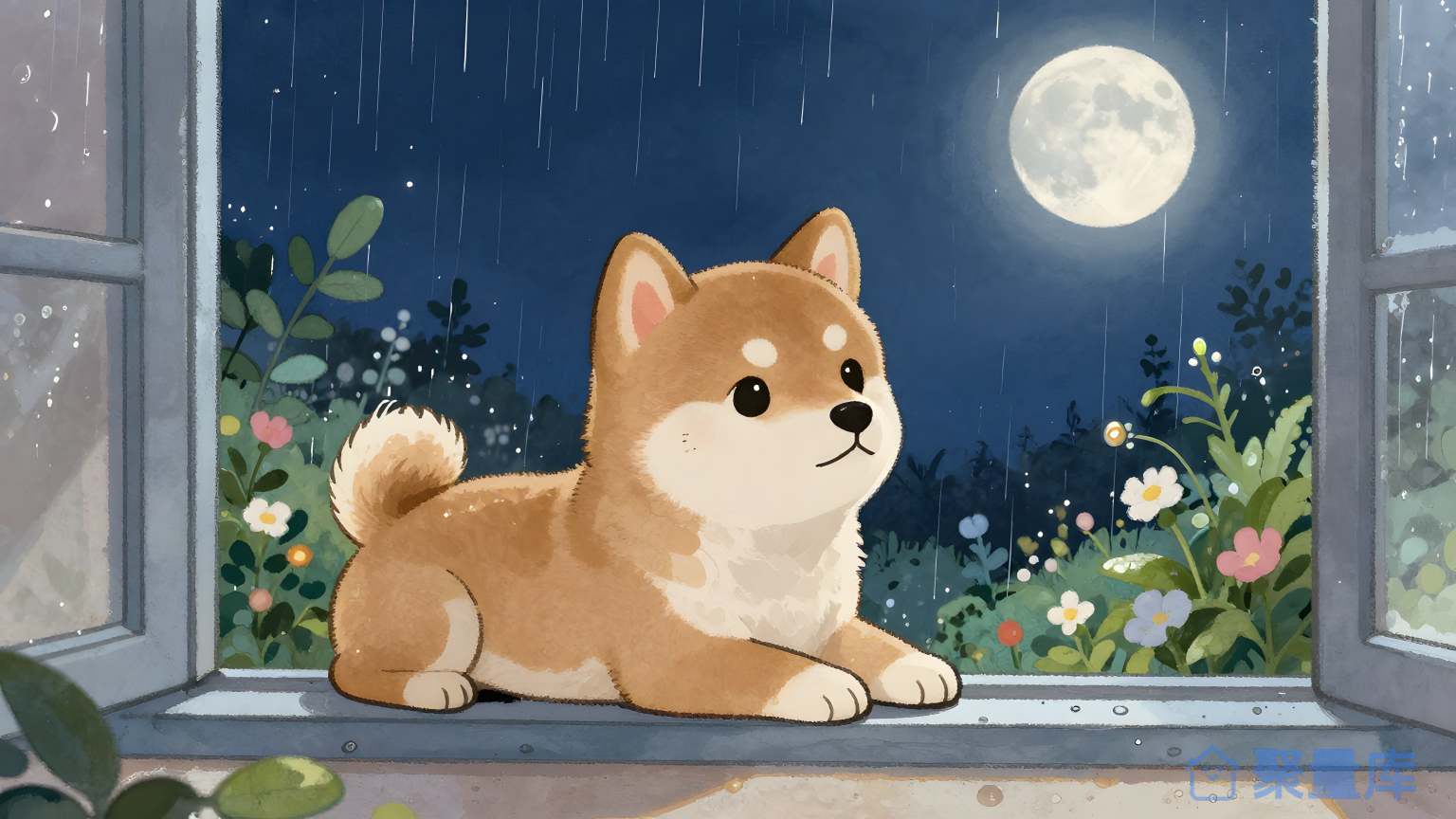 狐狗在窗口前 狐狗 夜晚