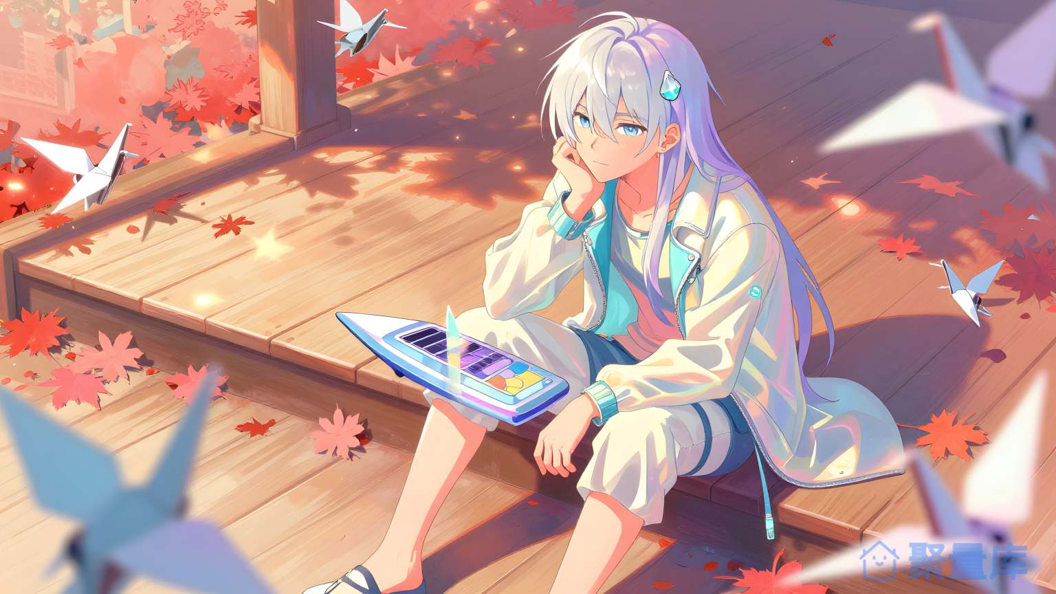 美少年在秋叶下鸟飞舞