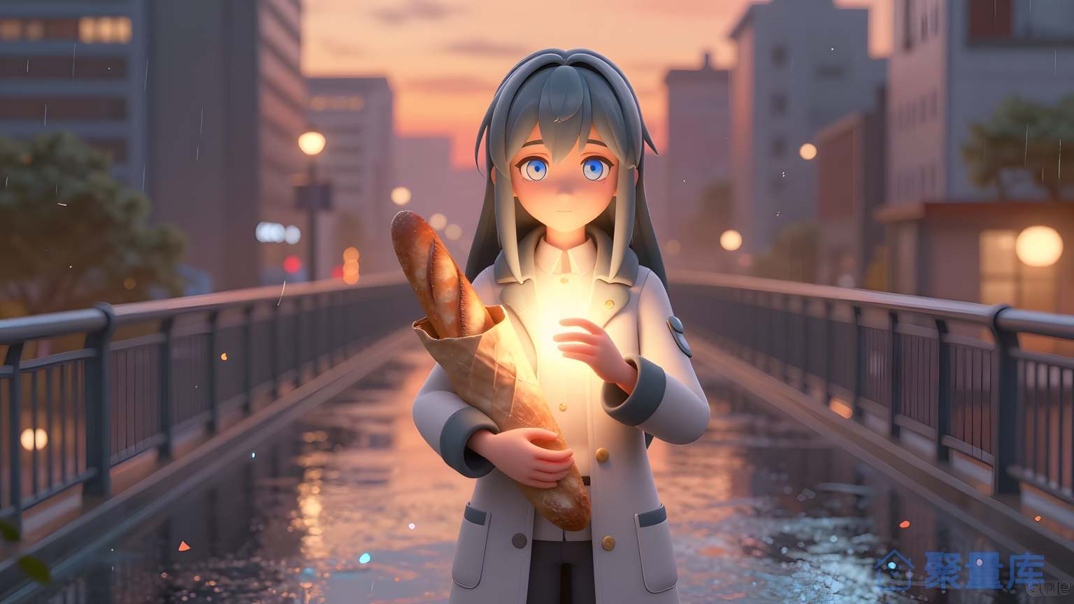 夜晚小女孩在雨下走路