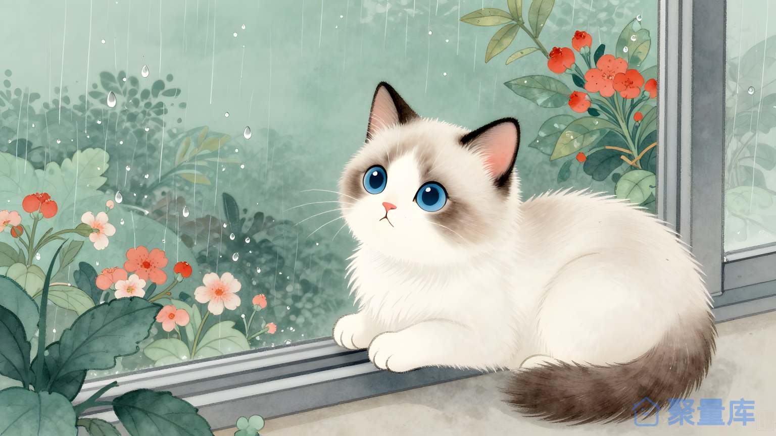 猫在窗口前 猫 窗口 花园 雨 纸张