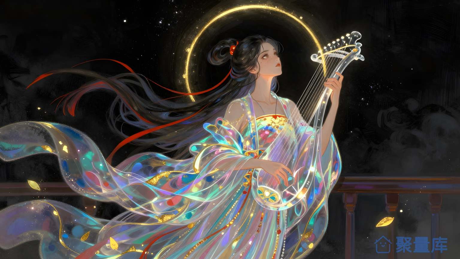 女子在夜空中弄琴