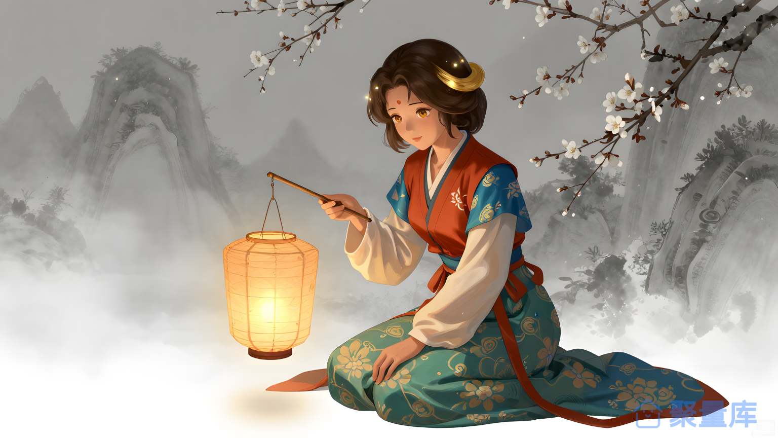美女在灯笼前坐下