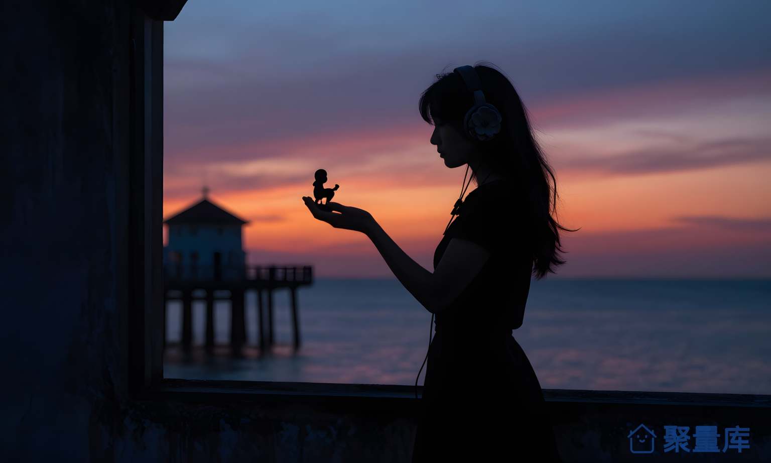 夜晚的女子在海边