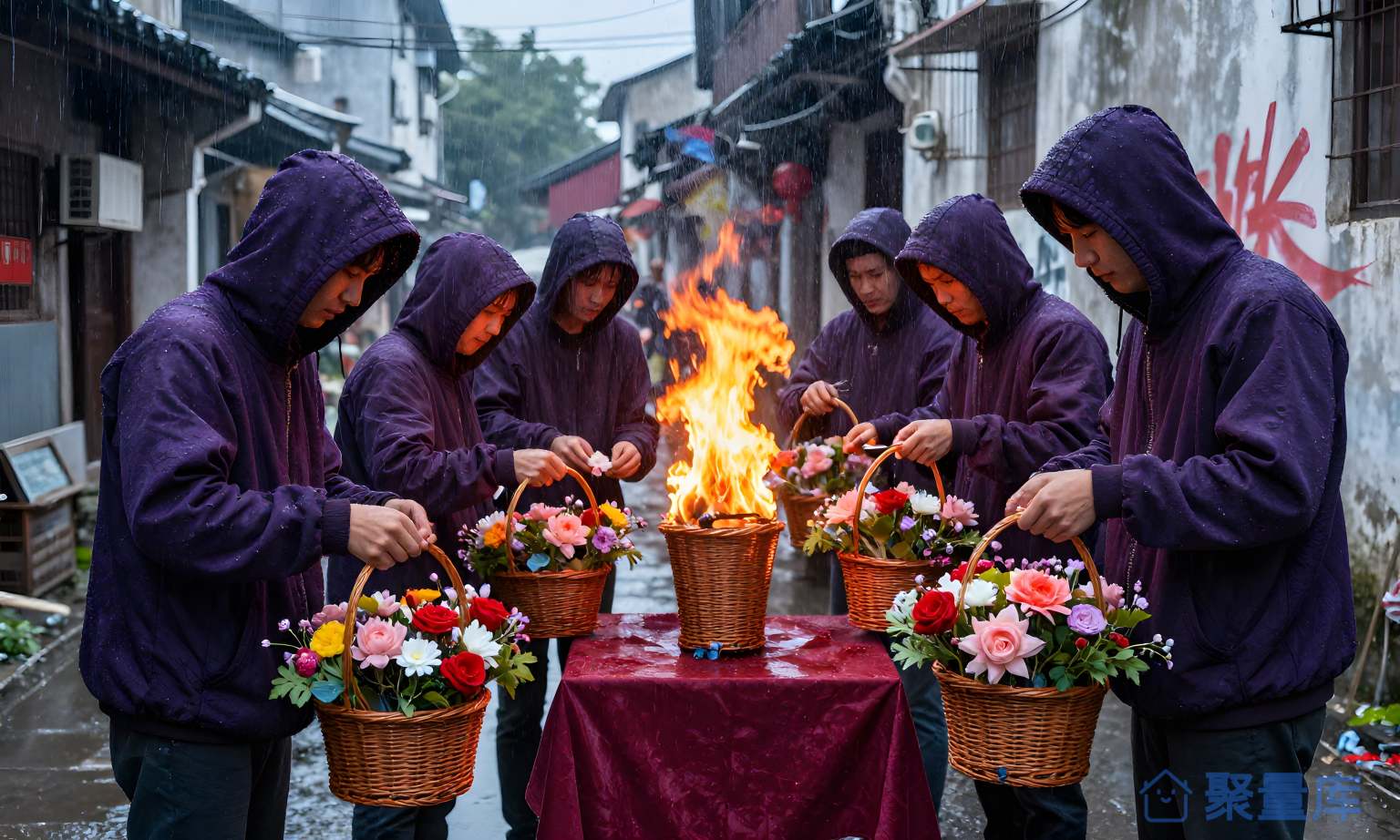 人群在雨中燃火