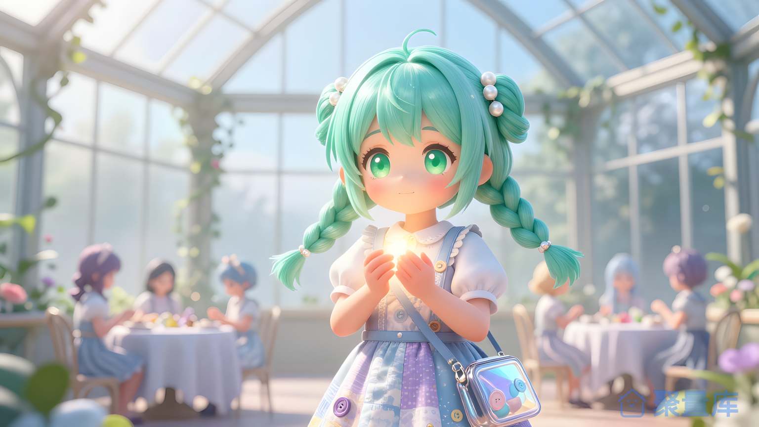 美少女在花园里穿着蓝色的服装