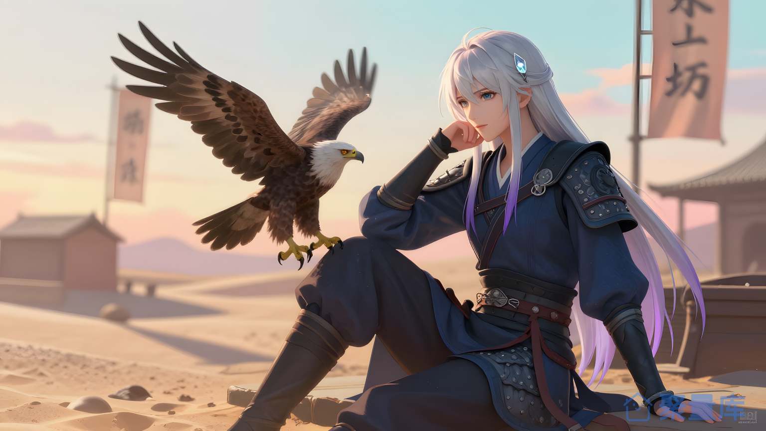 女角色与鹰在沙漠