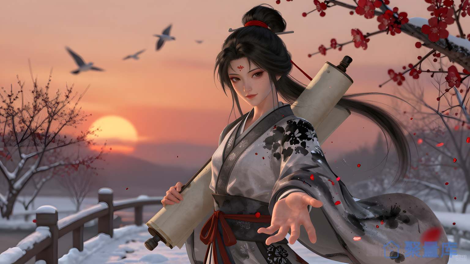 女武士在日式风景下