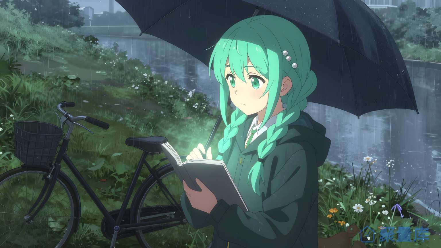 女孩在雨天用黑色笔记本