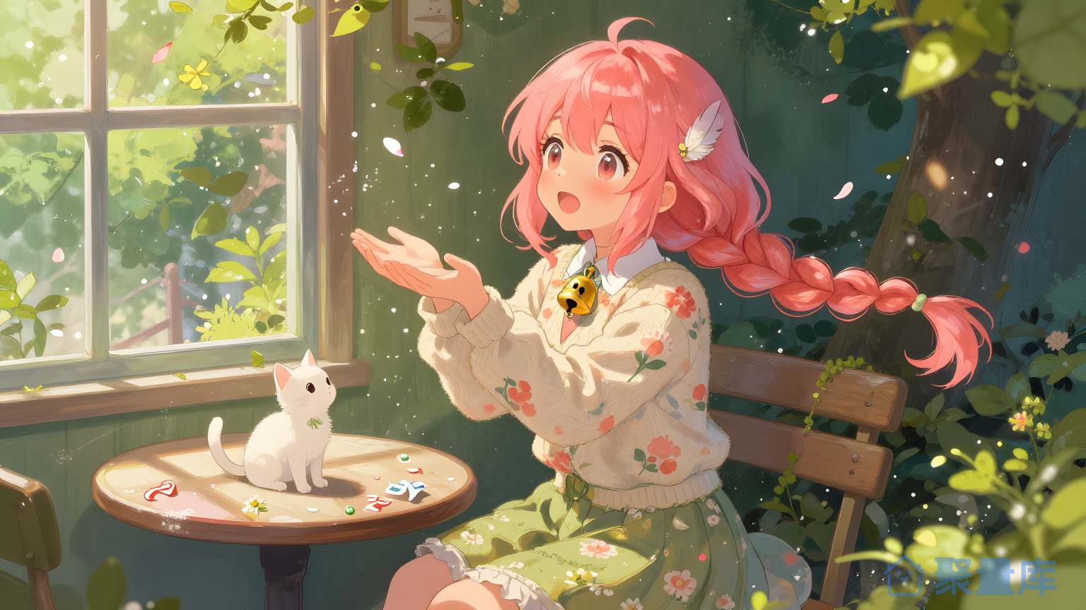 美女在花园里看着狗