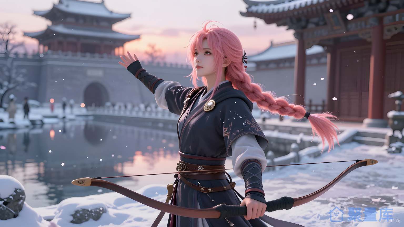 女角色在雪中穿着弓手服装