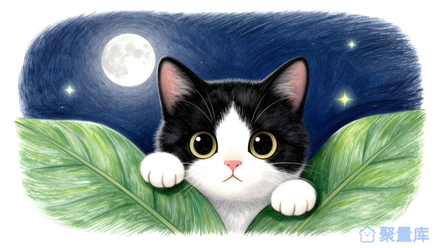 猫在草上看月亮 猫