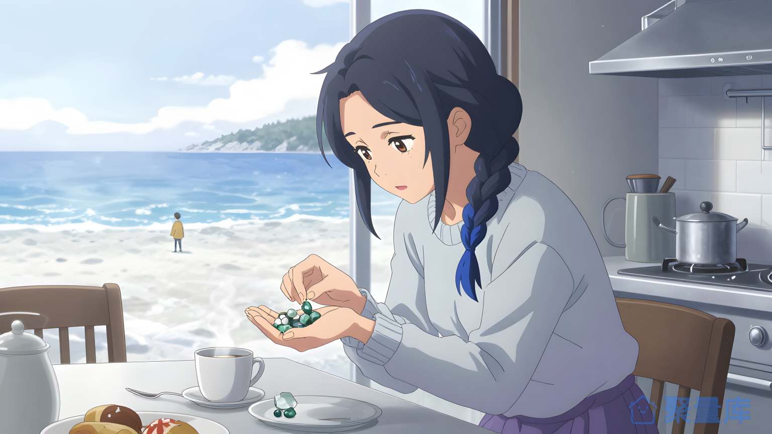 女孩在海边做饭