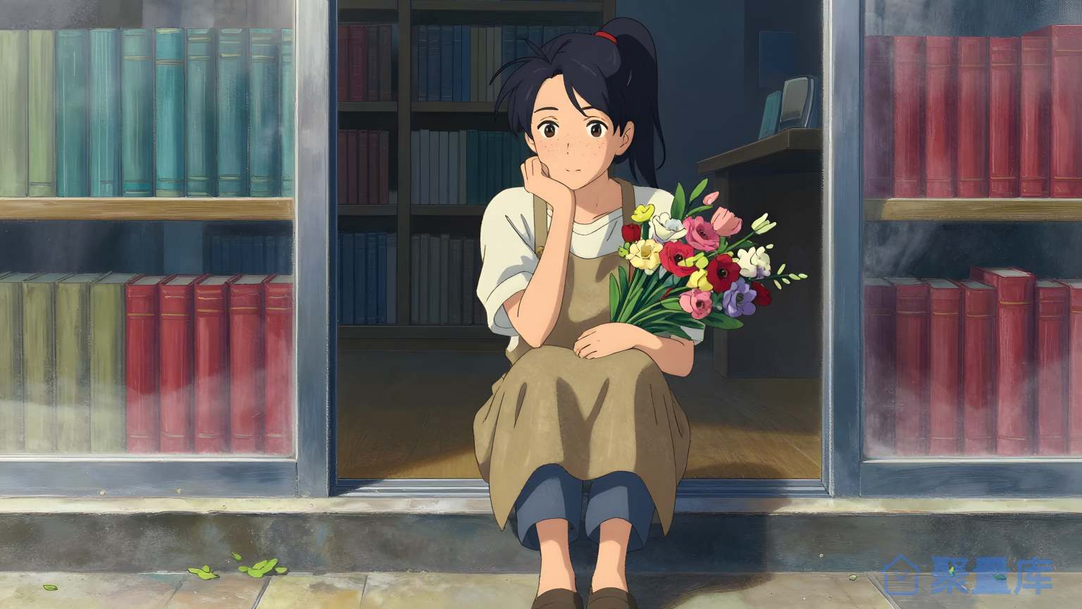 女孩在书架前呈花