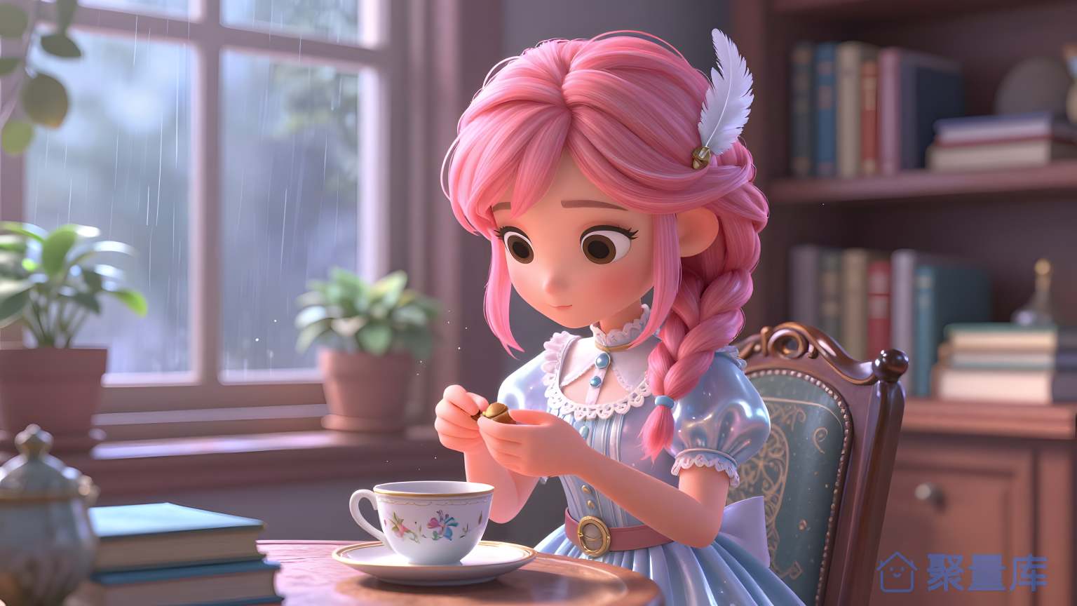 小女孩在书房里喝茶