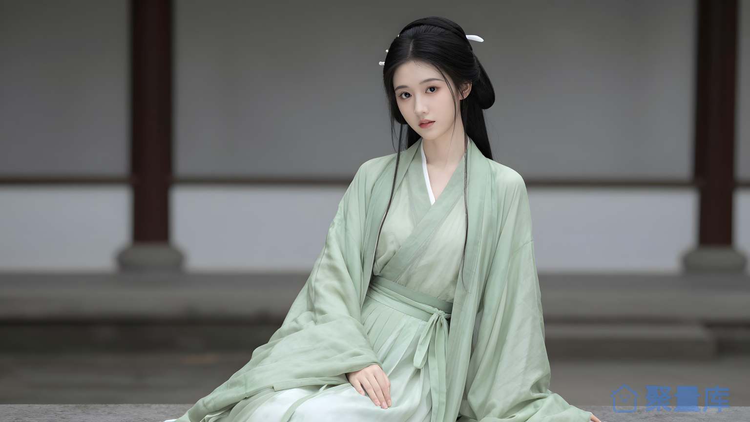 女子穿着中国风格的服装坐在场景中